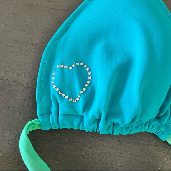PINK Victoria's Secret Blue & Green Rhinestone Heart & Peace Sign Bikini Top L - Picture 2 of 5